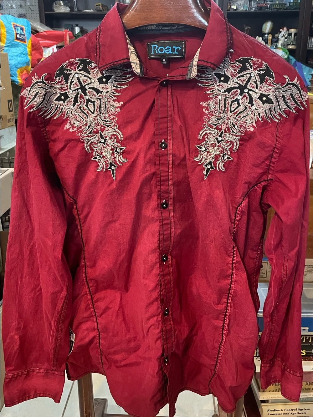 Roar Men's Embroidered Button-Down Shirt - Red with Silver & Black Accents